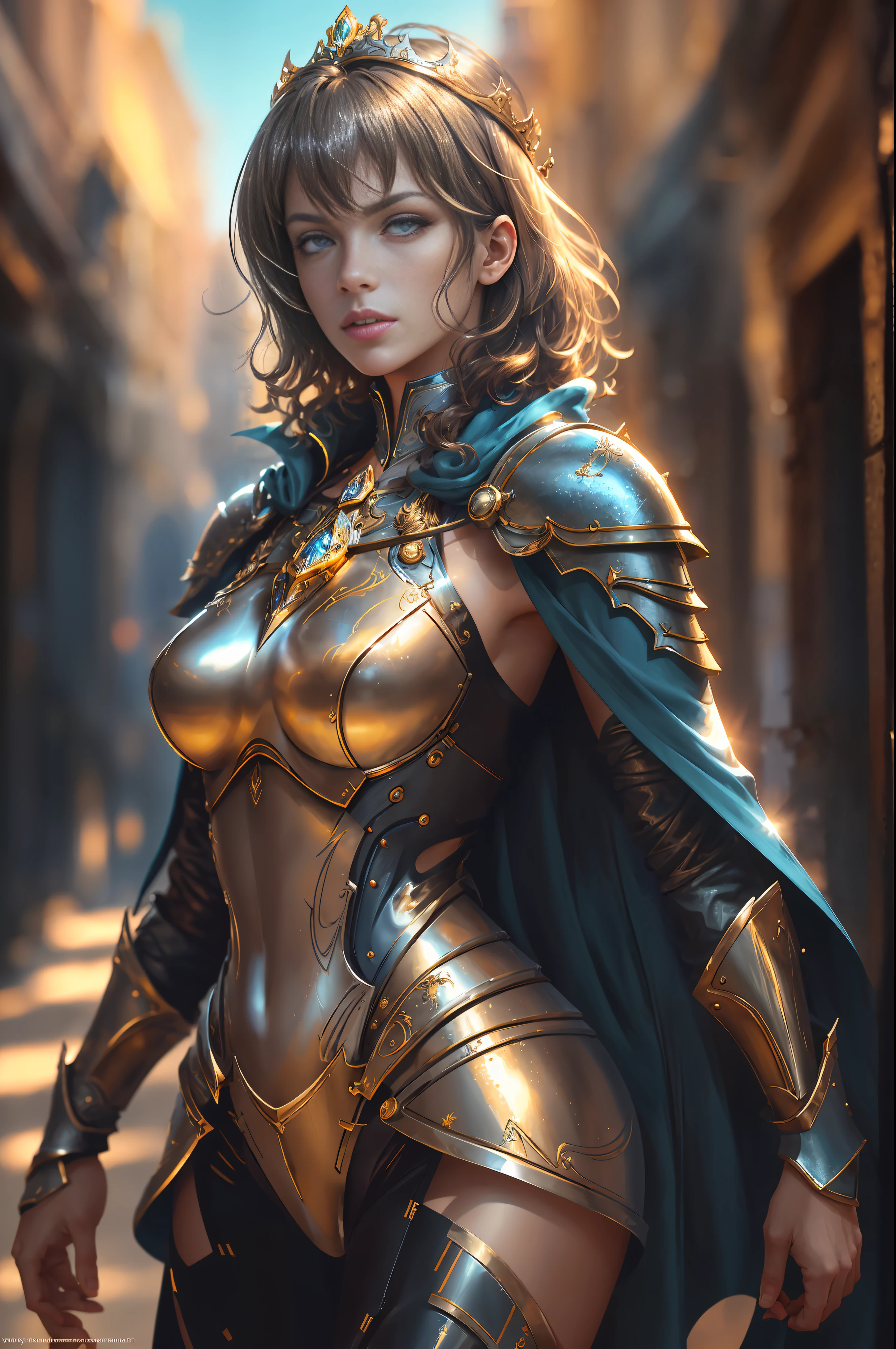 Close-up, a French female knight (Milla Jovovich, slender, young, short brown hair slightly curly, bright blue cape, amber pupils, full metal armor, wearing a small crown on her head, metallic texture, godly eyes, confident, freckles, cool style, heroic, light makeup, delicate facial features, tall figure, model standing) DBfantasyart, masterpiece, 1seventeengirl, 8K resolution film rendering, fashion, concept art, messy hair, Perfect Eyes, Detailed Eyes, High Quality Eyes, perfect_face, Shiny Skin: 1.2, Shiny Face: 1.2, Cinematic Light: 1.3, Soft Light, Silver: :0.8, High Detail ::1.3, Ultra High Quality::1.3, High Resolution, 16K Resolution, Ultra HD Pictures, Ultra Realistic, Clear Details, Realistic Details::1.3, Ultra High Definition, Clear Background (Medieval Street, Blue Sky)