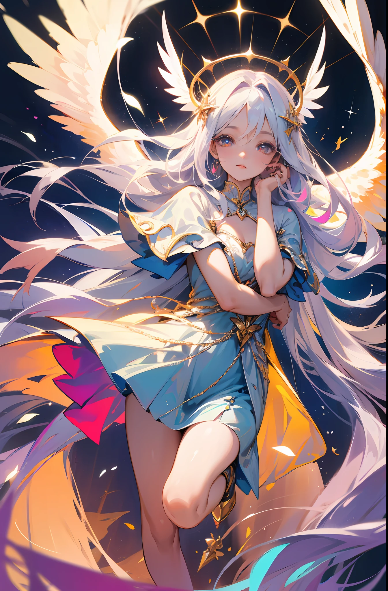 (Masterpiece: 1.4), (Best Quality: 1.4), (Very Cute Angel Girl, Super Detailed Face, Jewel-like Eyes, White Very Long Hair, Colorful Gradient Hair: 1.4), (Angel Ring:
1.4), (Angel Wings: 1.4), (Full body, perfect 2 arms, perfect 2 legs: 1.4), Perfect 4 fingers: 1 thumb, light, shine, bokeh, super fine