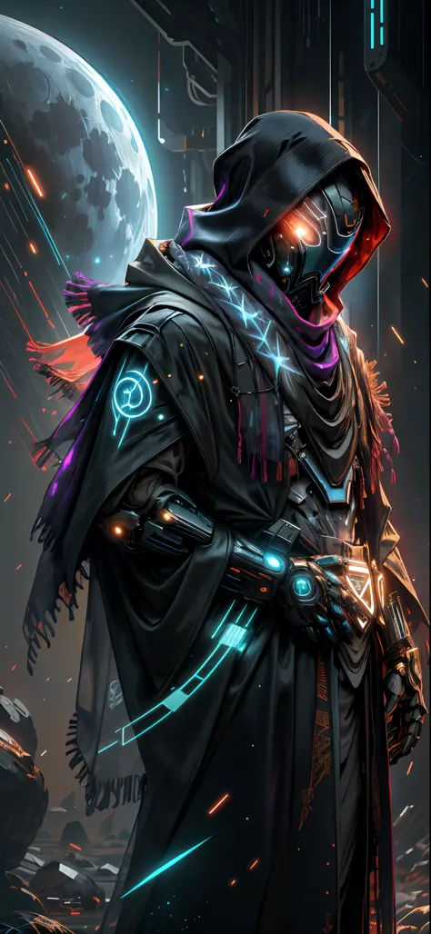 realistic,shiny,reflective,bioluminic, galactic cybernetic mask,mecha,(assassin:1.2),((((scarf,long cloak)))),sh4g0d,GlowingRune...