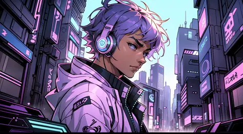 draw a cool man wearing anime jacket in a futuristic city, listening to his favorite music and conveying his emotion, ultra-deta...