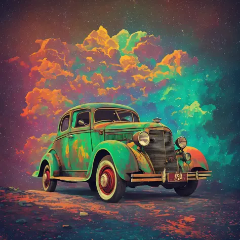 an old jalopy from the 1930s, himalayan mountains, centered 2d vector logo for t-shirt printing, vivid neon splash colors, mood ...