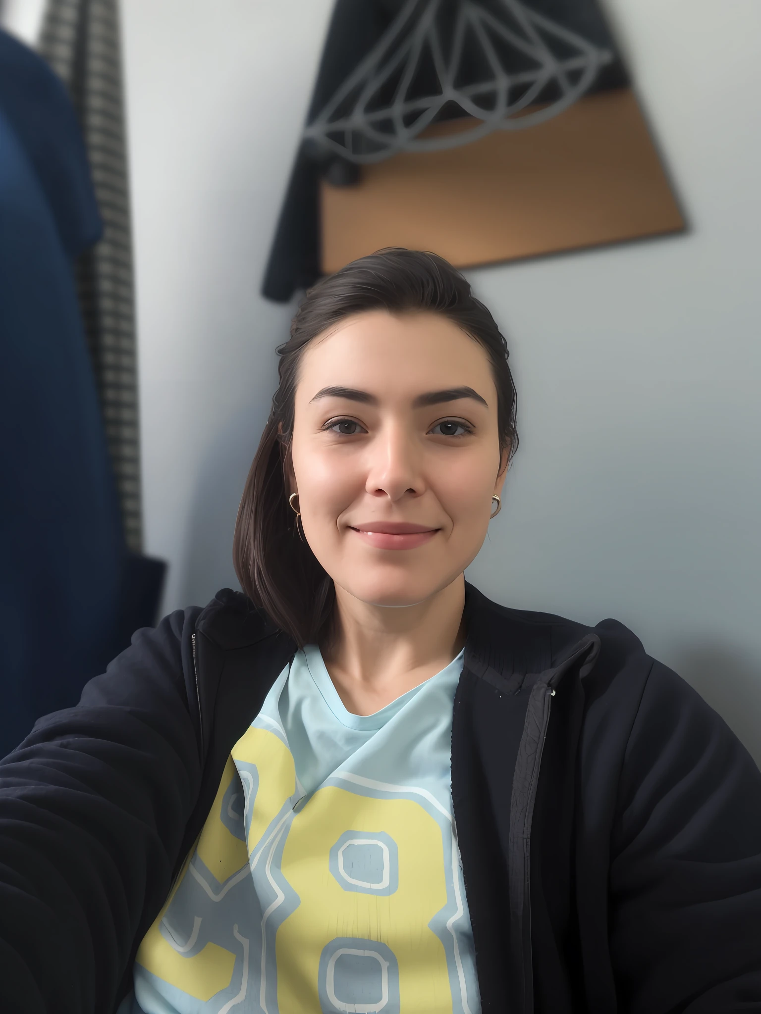 smiling woman sitting in a chair with a blue shirt and black jacket, selfie of a young woman, 8k selfie photograph, 30 years old woman, 3 0 years old woman, without makeup, she is facing the camera, portrait shot 8 k, selfie shot straight on angle, face picture, very very low quality picture, headshot profile picture, looking straight to camera