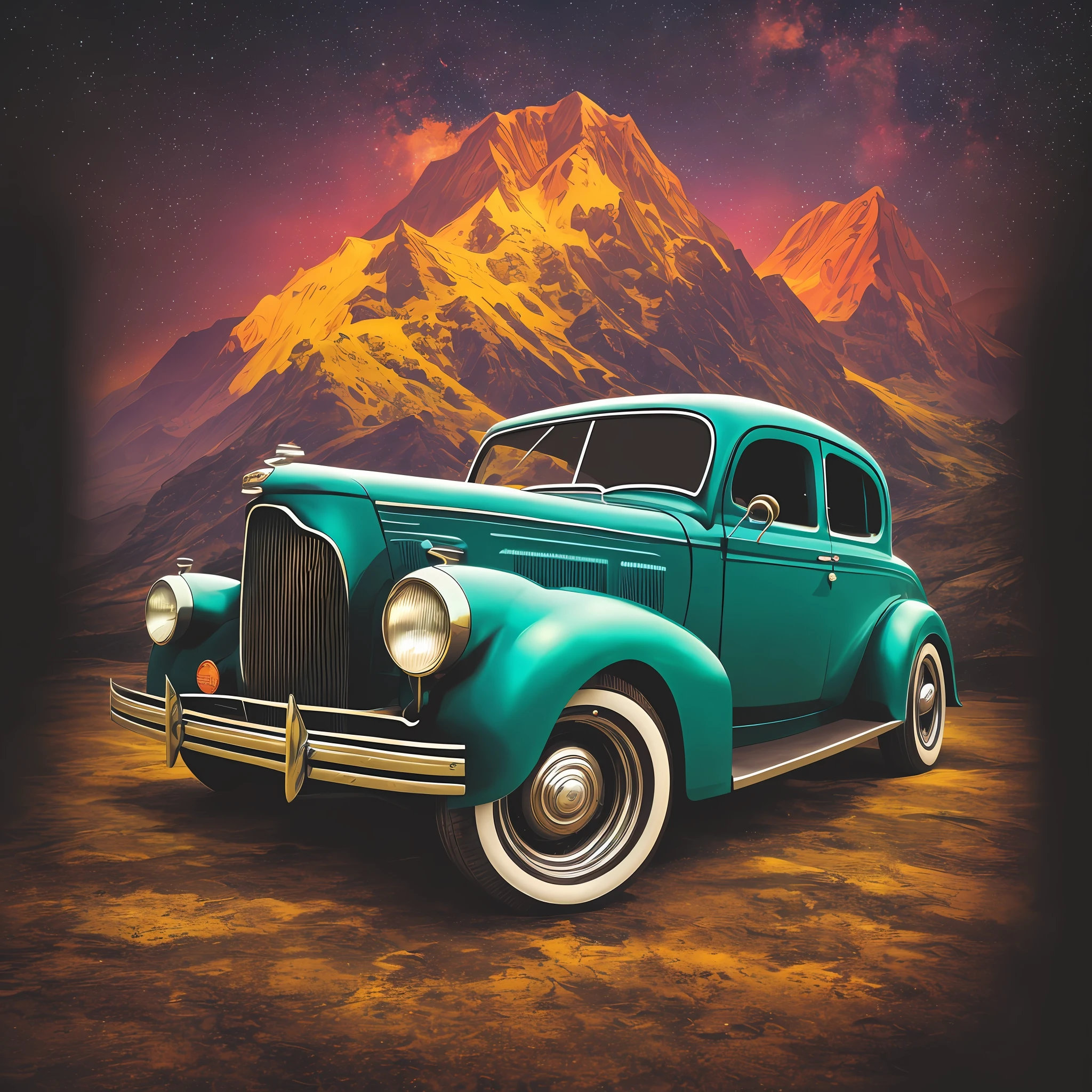 An old ford from the 1930s, Himalayan mountains, centralized 2D vector logo for T-shirt printing, vivid colors of neon splashes, mood of tranquility, happiness, ambient lighting, 8K, 16K, HD, octane rendering, super detailed, super realistic, intricate details, focus on art