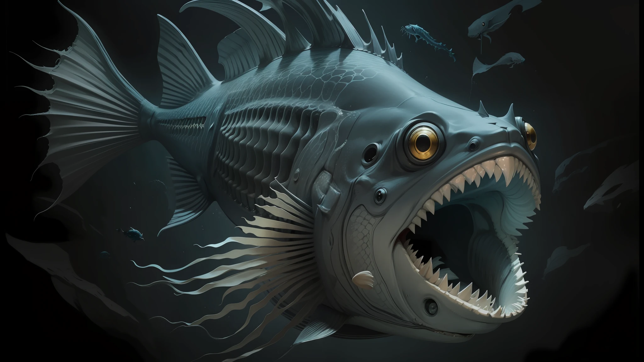 there is a fish with a big mouth and a big sharp tooth, illustration of an angler  fish, deep sea picture, deep sea fish, scary fish - SeaArt AI