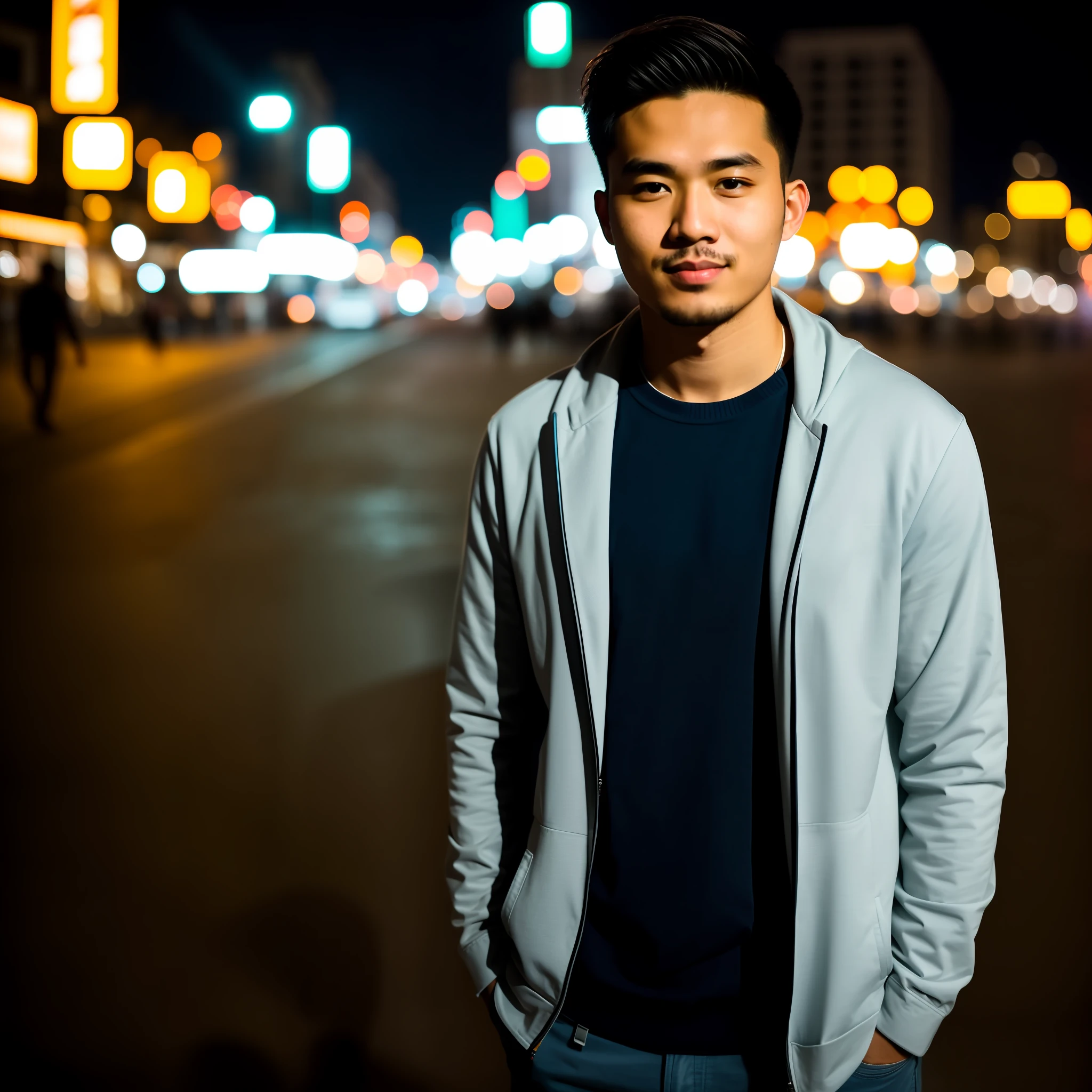 RAW photo, a portrait photo of 25 y.o man in casual clothes, night, city street, (high detailed skin:1.2), 8k uhd, dslr, soft lighting, high quality, film grain, Fujifilm XT3