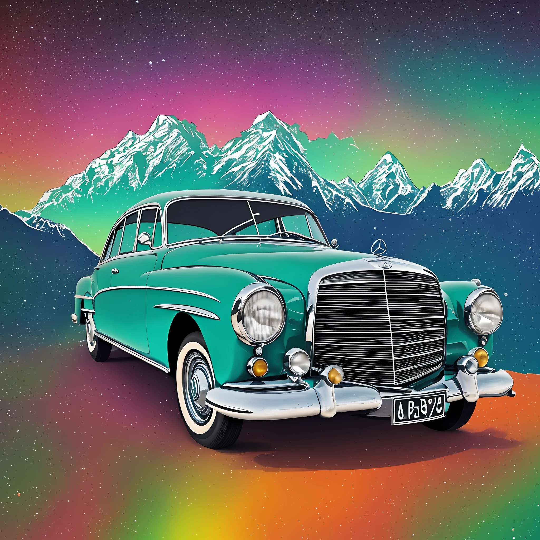 An old Mercedes from the 1950s, Himalayan mountains, centralized 2D vector logo for T-shirt printing, vivid neon splash colors, tranquil mood, happiness, ambient lighting, 8K, 16K, HD, octane rendering, super detailed, super realistic, intricate details, focus on art