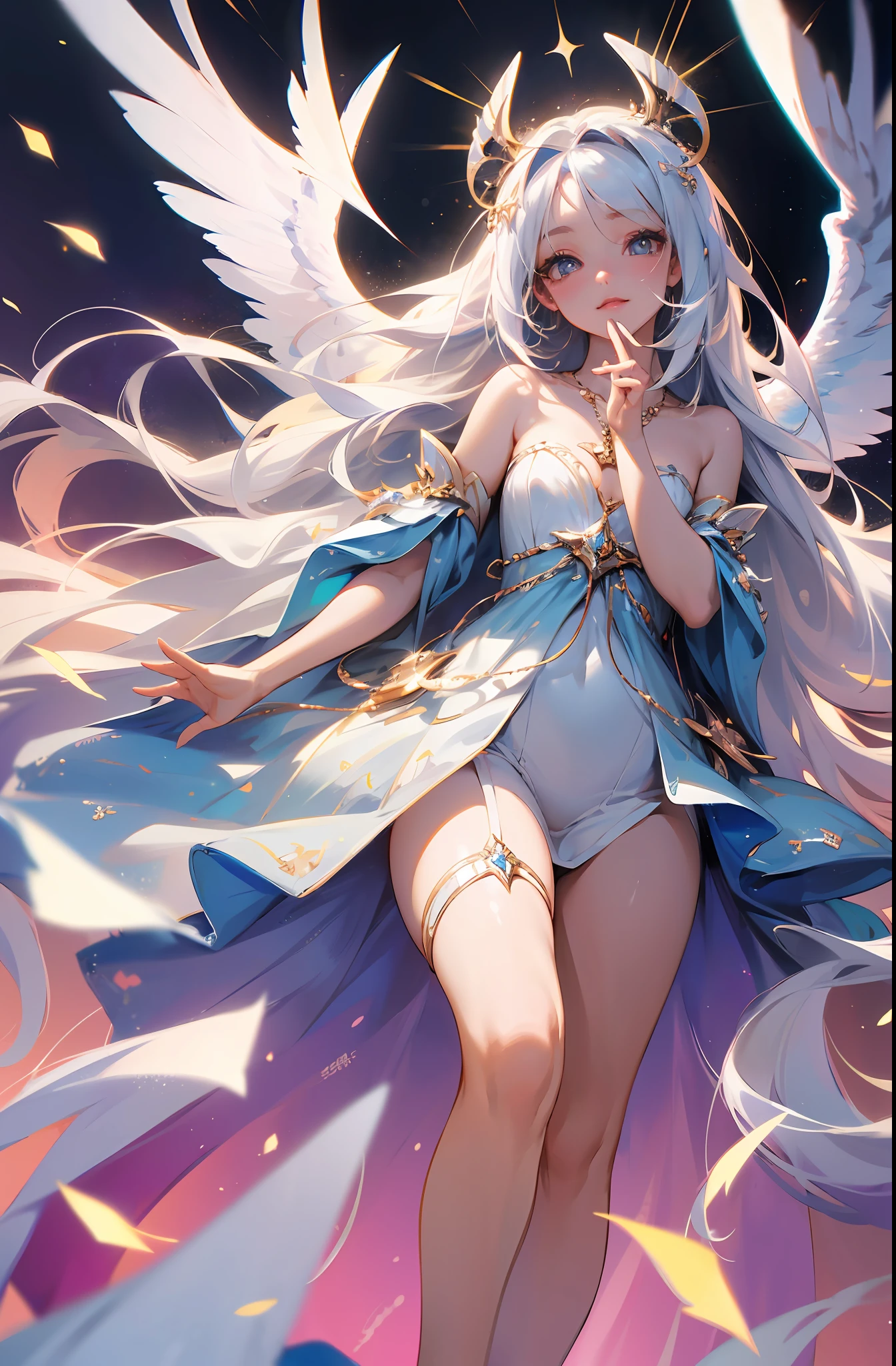 (Masterpiece: 1.4), (Best Quality: 1.4), (Very Cute Angel Girl, Super Detailed Face, Jewel-like Eyes, White Very Long Hair, Colorful Gradient Hair: 1.4), (Angel Ring:
1.4), (Angel Wings: 1.4), (Full body, perfect 2 arms, perfect 2 legs: 1.4), Perfect 4 fingers: 1 thumb, light, shine, bokeh, super fine