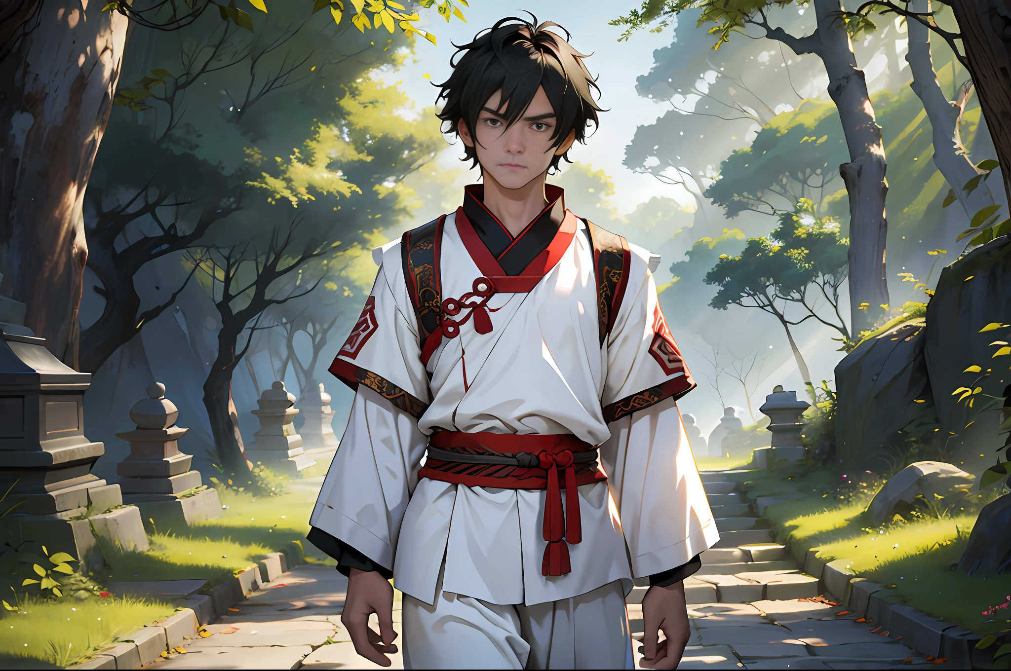 Anime character in a white outfit walking down a path in a cemetery -  SeaArt AI