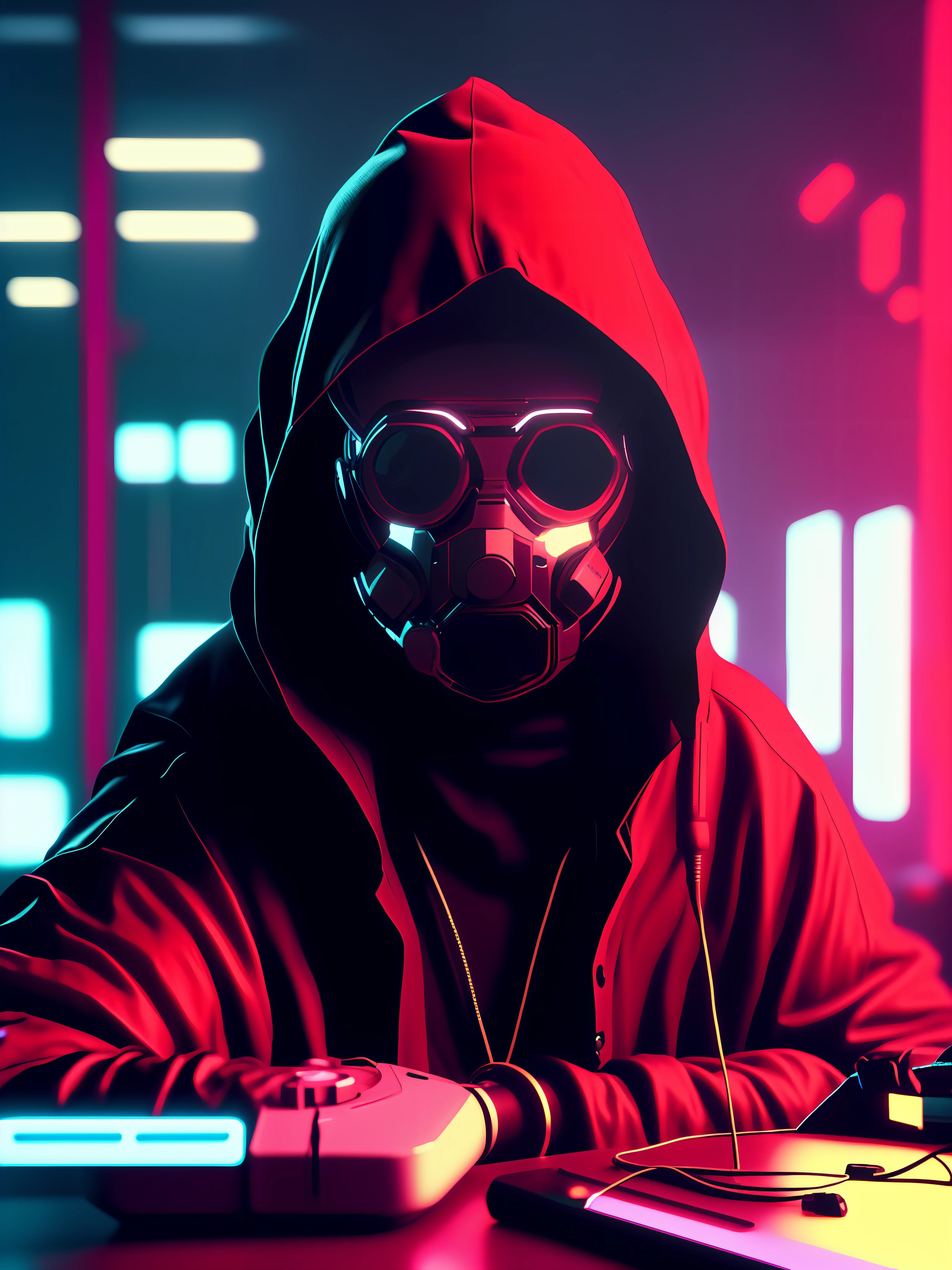 NeonNinja style, a close up of a person wearing a red hood there is a large ball in the middle of a room, a close up of an electronic device on a table