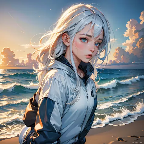 (Masterpiece), (Best Quality: 1.0), (Ultra High Resolution: 1.0), Detailed Illustration, 8k, Anime, A Beautiful Girl, Dusk, Beach, Sportswear, Outdoor, White Hair, Vista, Waves, Tides, Particles, Detailed, Intricate, Anime Style --auto --s2