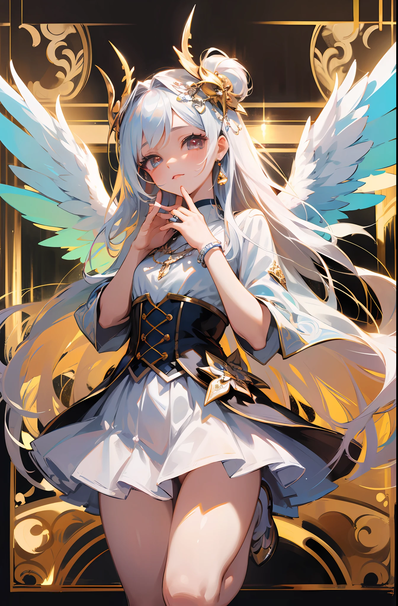 (Masterpiece: 1.4), (Best Quality: 1.4), (Chibi: 1.3), (Very Cute Angel Girl, Super Detailed Face, Jewel-like Eyes, White Very Long Hair, Colorful Gradient Hair: 1.4), (Angel Ring:
1.4), (Angel Wings: 1.4), (Full body, perfect 2 arms, perfect 2 legs: 1.4), Perfect 4 fingers: 1 thumb, light, shine, bokeh, super fine