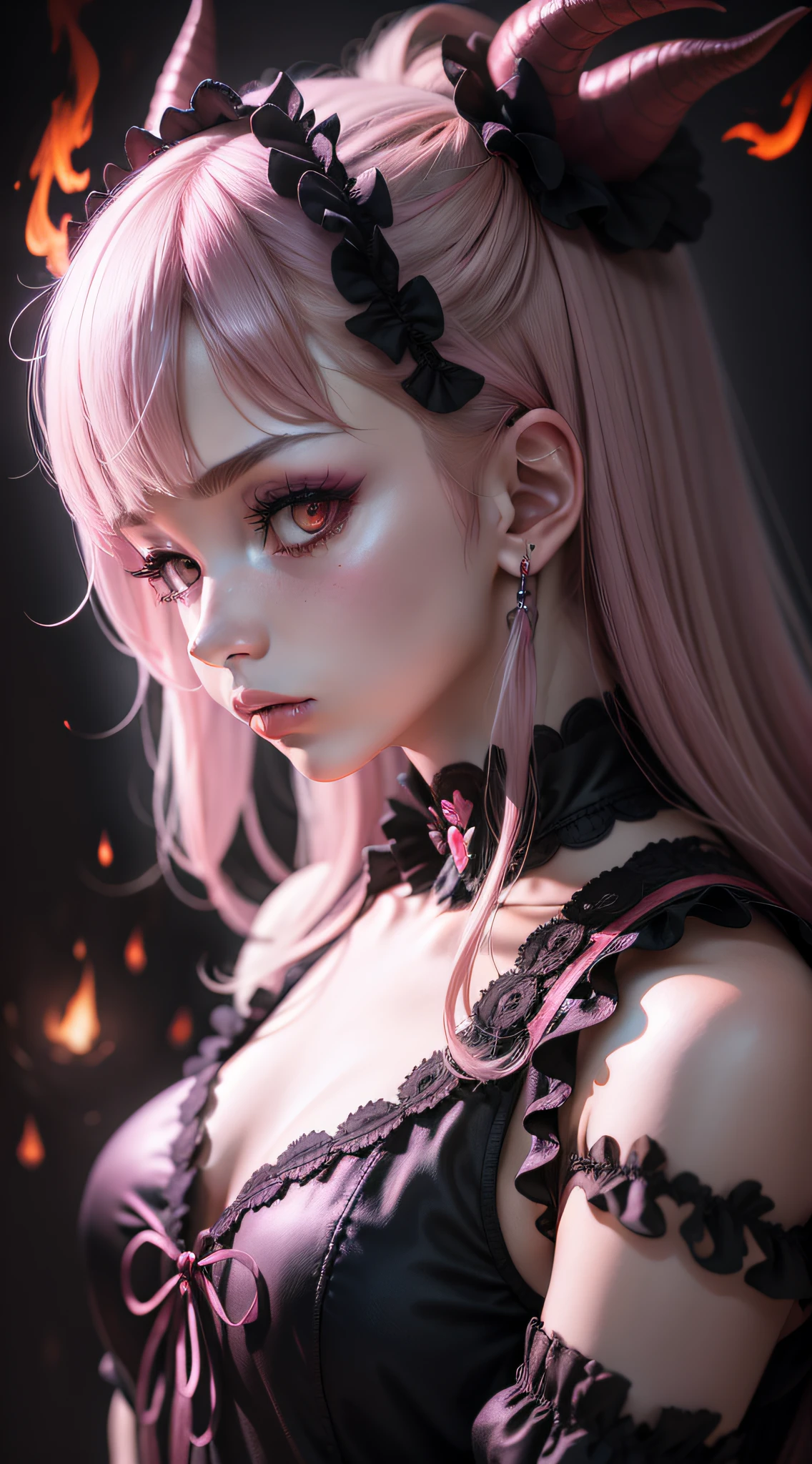 (satanic feminine fugura), impressive quality, gloomy lighting, black background, burning flames.