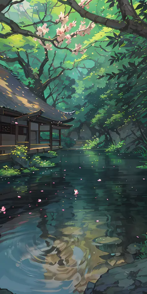 Chinese ancient times, spring, jungle, lake, cave, waterfall, tree, meadow, rock, deer, hot spring, petal, water vapor, (illustration: 1.0), epic composition, realistic lighting, HD detail, masterpiece, best quality, (very detailed CG unified 8k wallpaper)