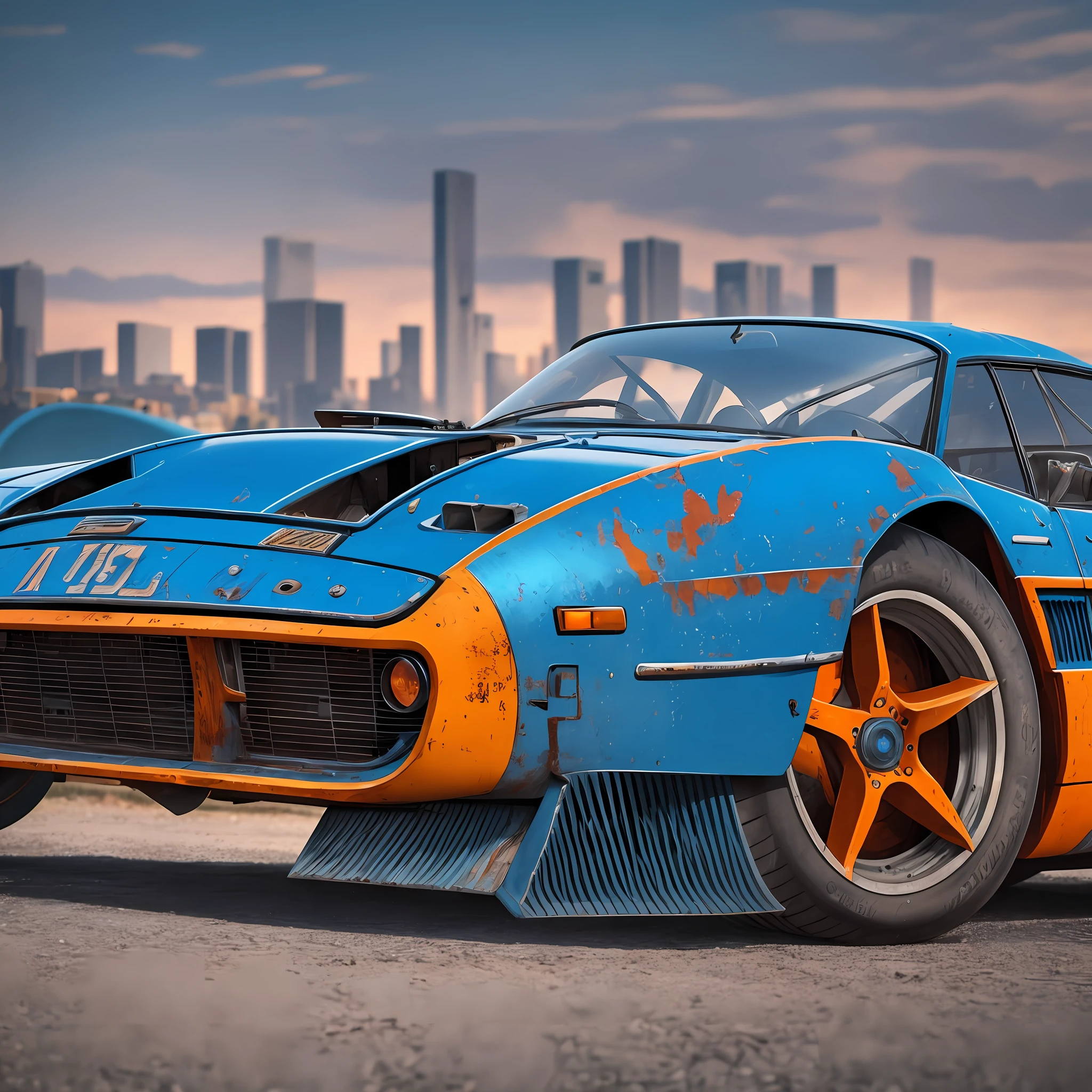 Looking for an epic, cinematic positivism-style image of a rusty blue F1 90s in a post-apocalyptic city? Consider using vivid colors, intricate details, and a grand atmosphere that captures the spirit of positivity in a world that has been destroyed. This artwork can be rendered in 3D, with sharp details that bring the rusty blue F1 90s to life. Consider working with artists like Auguste Rodin, Pierre-Auguste Renoir or Camille Pissarro to bring this design to life. --auto --s2