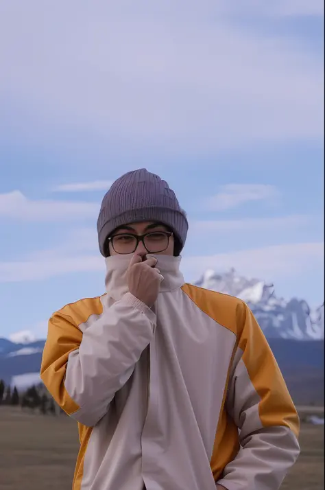 Asian man in hat and glasses covering his face with scarf, big eyes, standing in front of a mountain with mountains in the background, mountains and blue sky in the background, portrait shot 8 K, cold, mountains in the background, medium portrait, cold as ...