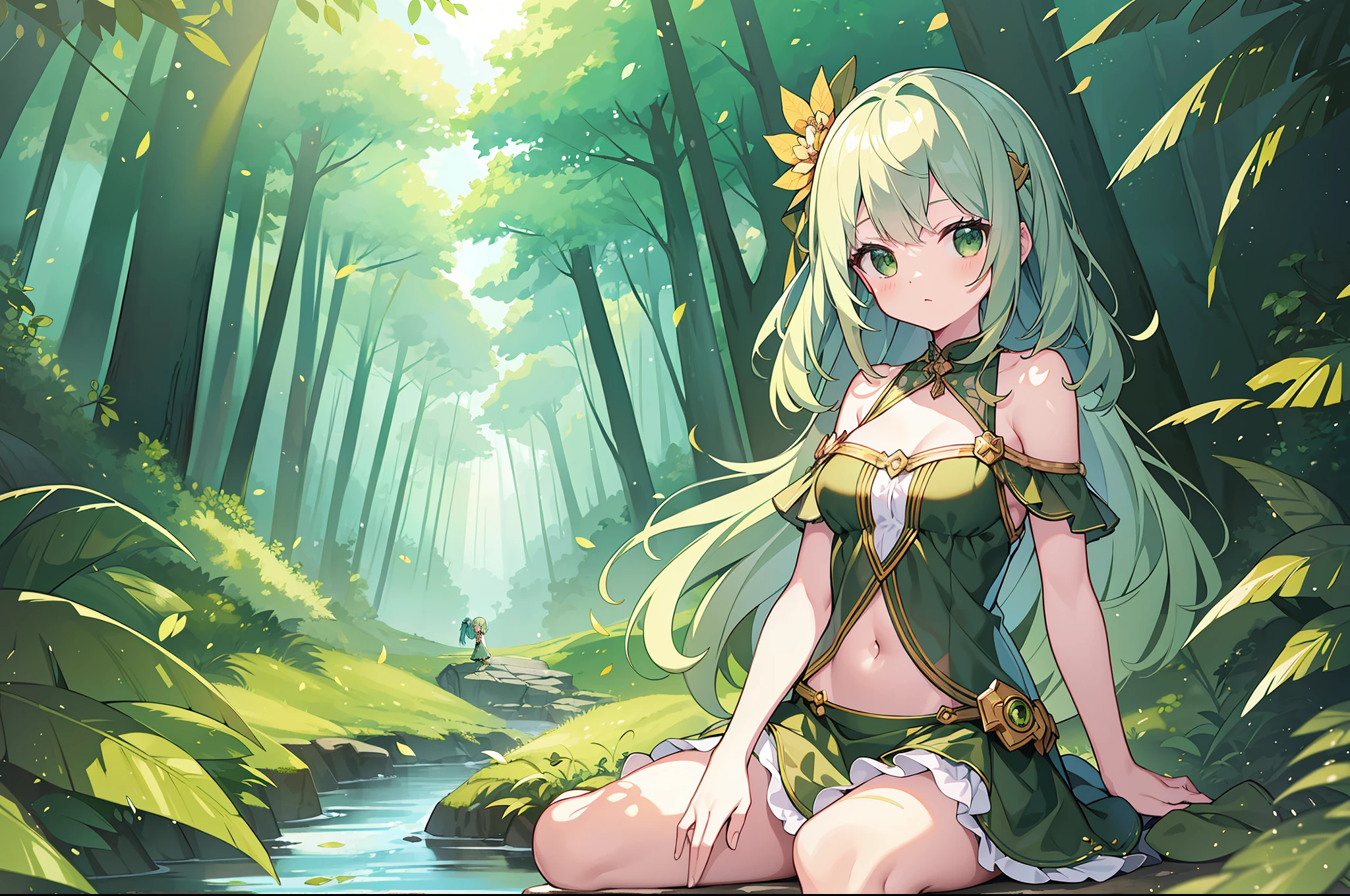 (MASTERPIECE), (Best Quality), (Super Detail), Official Art, One Girl, Lori with Pale Green Hair, Petite Little Girl, Loli, Green and Gold and Silver See-Through Dress, Sleeveless, Off Shoulder, Small, Very Small, Small, Cleavage, Thigh Focus, Navel Out, Bare Skin in the Lower Half of the Chest, Sitting, Card Illustration, Deep Forest