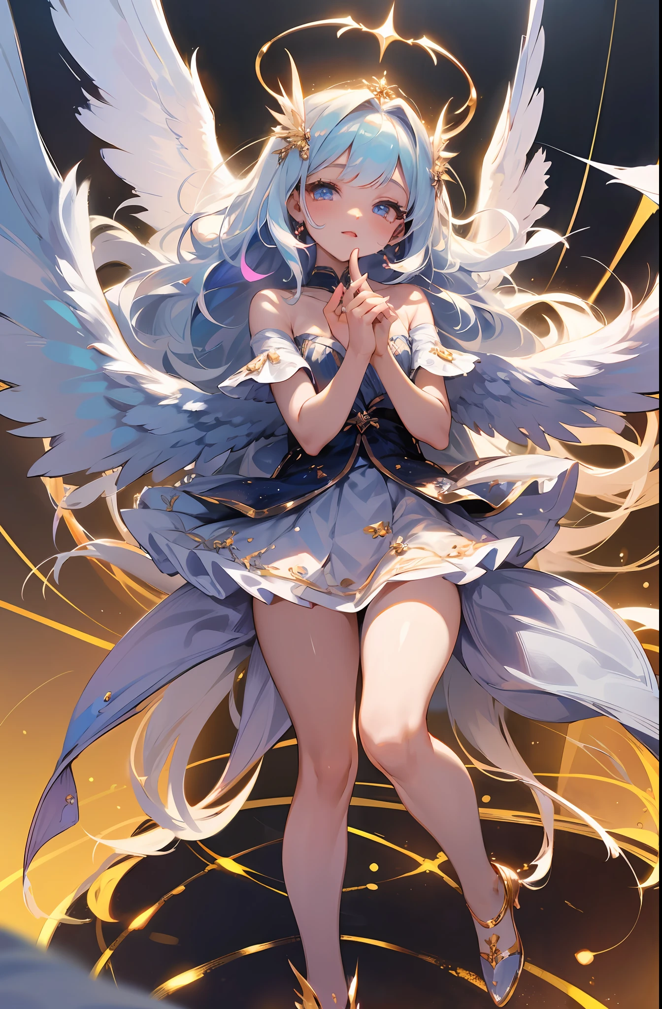 (Chibi: 1.3) (Masterpiece: 1.4), (Best Quality: 1.4), (Very Cute Angel Girl, Super Detailed Face, Jewel-like Eyes, White Very Long Hair, Colorful Gradient Hair: 1.4), (Angel Ring:
1.4), (Angel Wings: 1.4), (Full body, perfect 2 arms, perfect 2 legs: 1.4), Perfect 4 fingers: 1 thumb, light, shine, bokeh, super fine