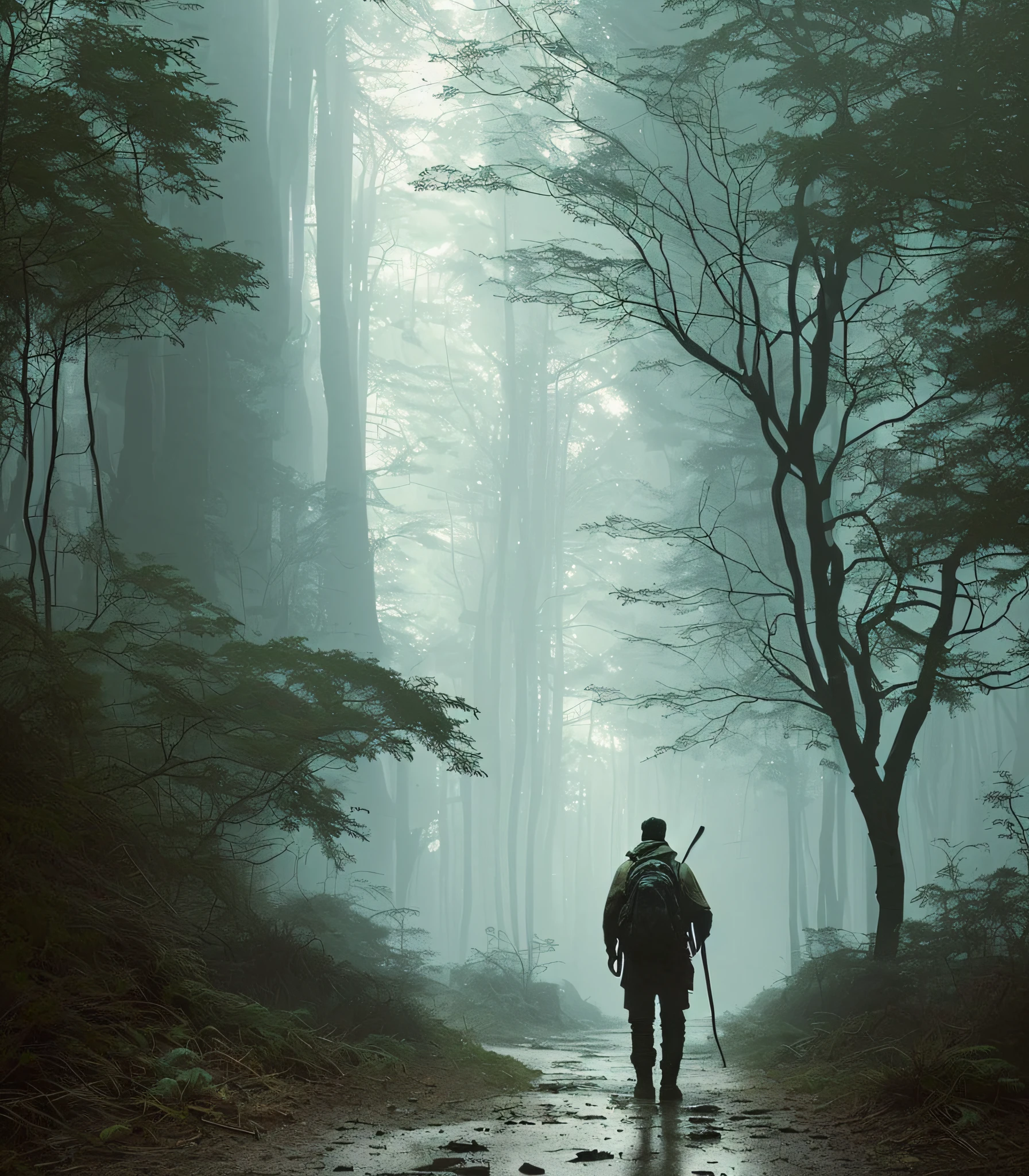 (masterpiece) RAW highly detailed, a man with a post-apocalyptic dog with a backpack is walking down a clear alley in a leafy and long forest, at the end of the way a strong white light shaped ball, hassanfantasy style, by Jeremy Mann and Donato Giancola ultra realistic highly detailed intricate photorealistic