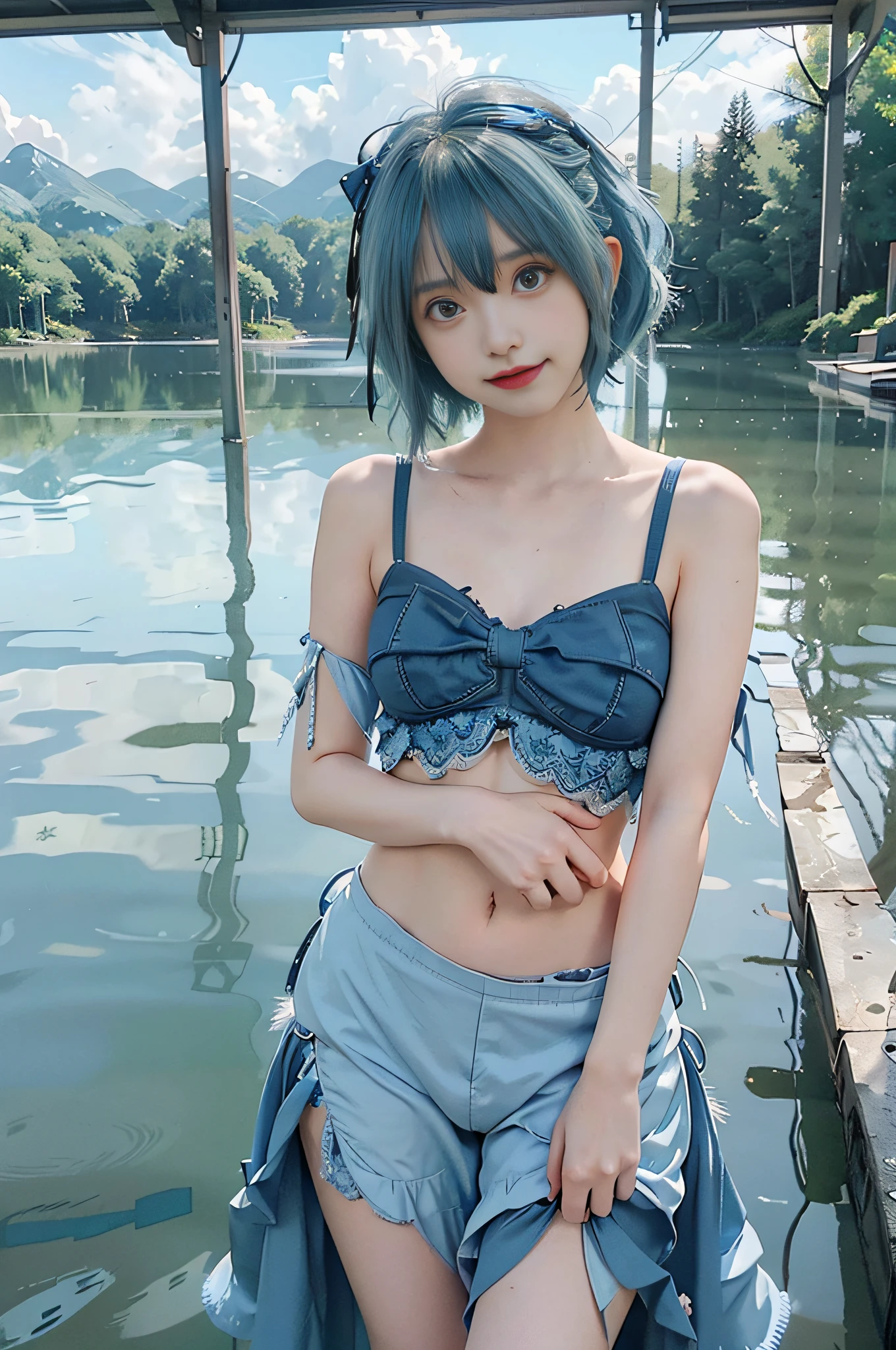 ((Cirno)), ((Touhou Project)), Cosplay, ((Blue hair)), ((Bangs)), ((Blue ribbon)), ((Light makeup)), (Navel)))), (Ice Feather)), (Pause))), (Frog)))), (Lake)))), (Mori)))), Slim girl model, 14 year old female model, (smile), (Looking at camera)