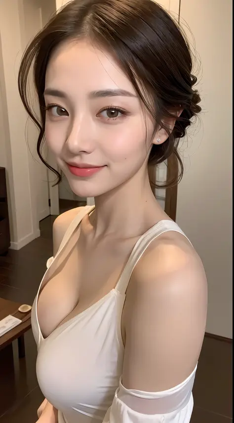 ((Best Quality, 8K, Masterpiece: 1.3)), 1girl, Slim Abs Beauty: 1.3, (Hairstyle Casual, Big Breasts: 1.2), Dress: 1.1, Super Fine Face, Delicate Eyes, Double Eyelids, Smile, Home