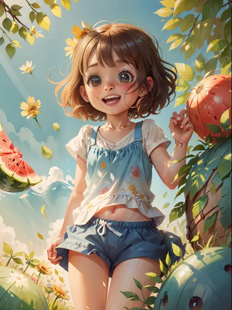 Summer scene, sunny, perfect light and shadow, high-key style, low saturation, super details, happy little girl, ball head, cut watermelon, illustration style, watercolor style, more details, no flowers, more background