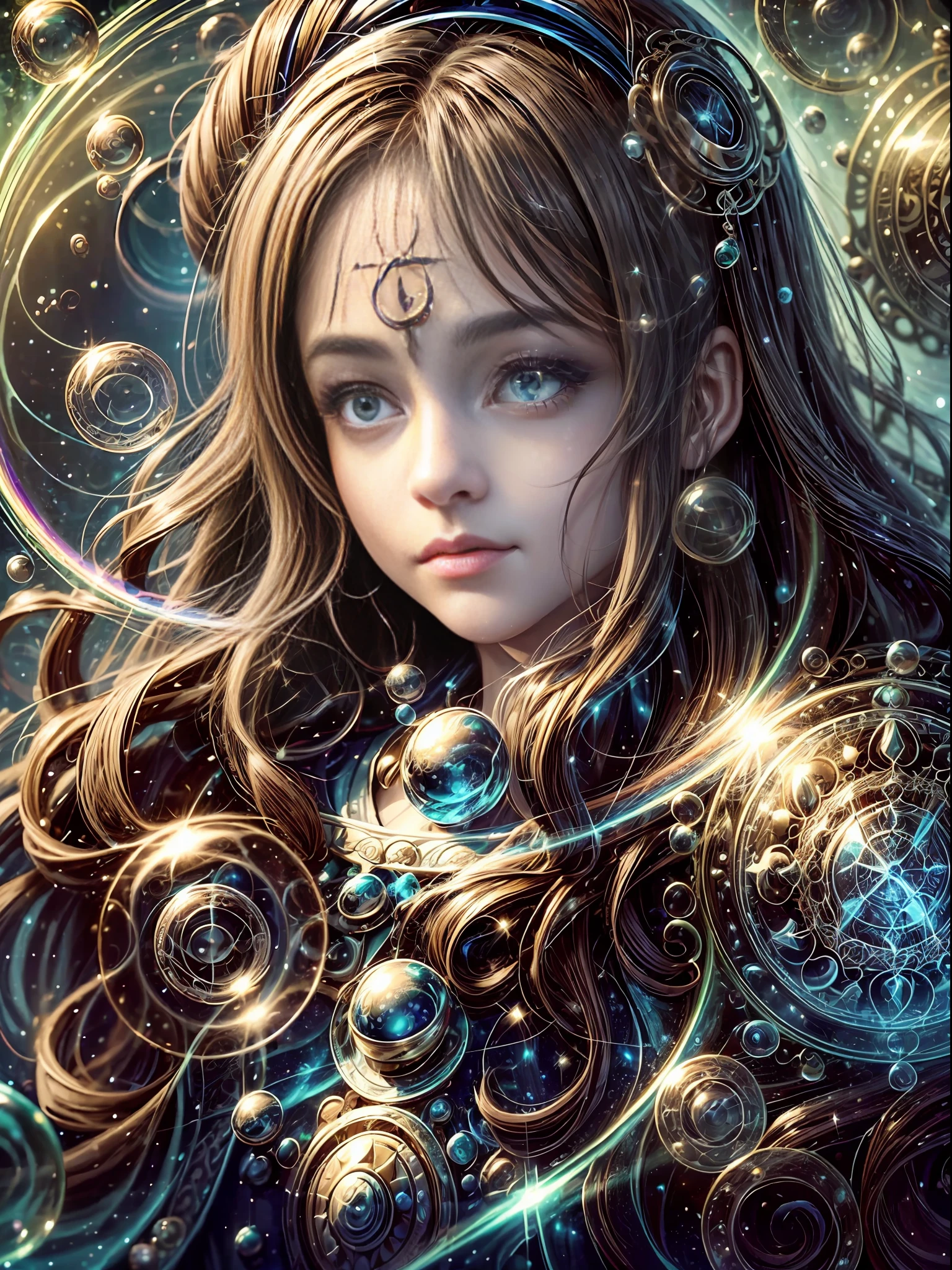 (1girl), dark brown eyes, chestnut hair, mutton chops, (style-swirlmagic:0.8), portrait, half shot, looking down, detailed background, detailed face, (ChronomancyAI, chronomancy theme:1.1), bubble-wizard, orange sorcerer robes, surrounded by light green bubbles, rainbow, floating orbs, large bubbles, floating sparkling particles, transclucent, glowing bubbles, swirling bubbles, graceful, bubbles in background, intricate patterns, starry sky, magical atmosphere,