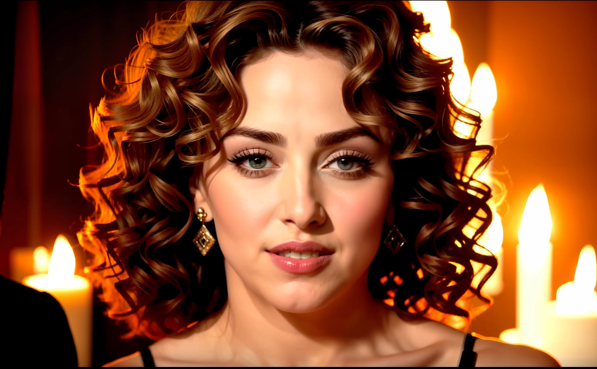 a close up of a woman with a curly hair, madonna, madonna portrait, madonna genderbend elegant, detailed portrait of madonna, 25th anniversary music video, youtube video screenshot, heart shaped face, music video, her face framed with curls, inspired by Winona Nelson, most beautiful woman on earth, crosses in flame in the background, video clip "Like a Prayer", sharp image, 8k