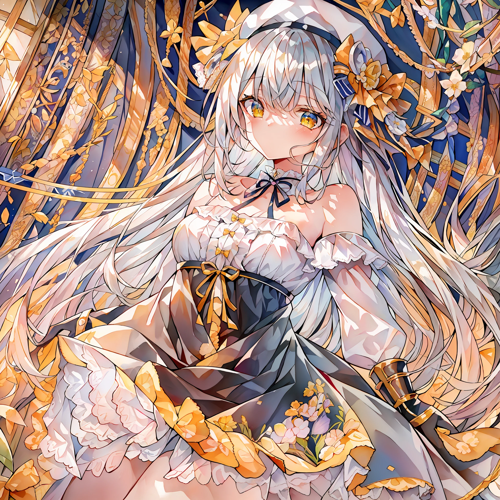 {{best quality}},{llustration},{beautiful detailed eyes},dynamic angle, 1 girl, (masterpiece, best quality:1.2),white hair,yellow eyes,cute face,loli face,white halter dress,{{border}},light,solo,{{white beret}},small breasts,loli,{{full body}},stereogram,frilled dress,white and yellow theme,neck ribbon,criss-cross halter,strapless dress,white clothes,yellow diamond color crystal background,framed breasts,Blunt bangs,pointy breasts,cleavage cut,outunaligned breasts,long hair