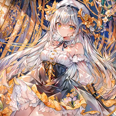 {{best quality}},{llustration},{beautiful detailed eyes},dynamic angle, 1 girl, (masterpiece, best quality:1.2),white hair,yello...
