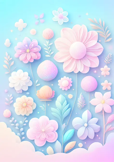 "Various flowers, cartoon illustration, sky in a gradient of pastel colors with twinkling stars. Immerse yourself in a mystical ...