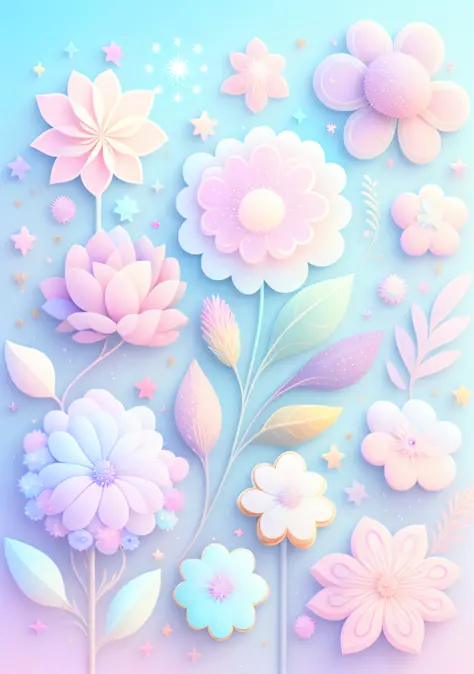 "Various flowers, cartoon illustration, sky in a gradient of pastel colors with twinkling stars. Immerse yourself in a mystical ...
