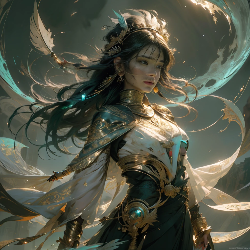(highest quality, award-winning, masterpiece: 1.5), ultra-high resolution, (a fair-skinned girl: 1.2), long black hair, long hair floating (gorgeous face), calm, green long dress, turquoise, tribal ornaments, (feathers in hair: 0.4), headdress: 0.33, emerald, obsidian, detailed clothes, realistic skin texture, (floating particles, water swirls, embers, rituals, whirlwinds, wind: 1.2), clear focus, volumetric lighting, good highlights, good shadows, subsurface scattering, complex, highly detailed, ((film)), dramatic, (realism: 1.5), background canyon,