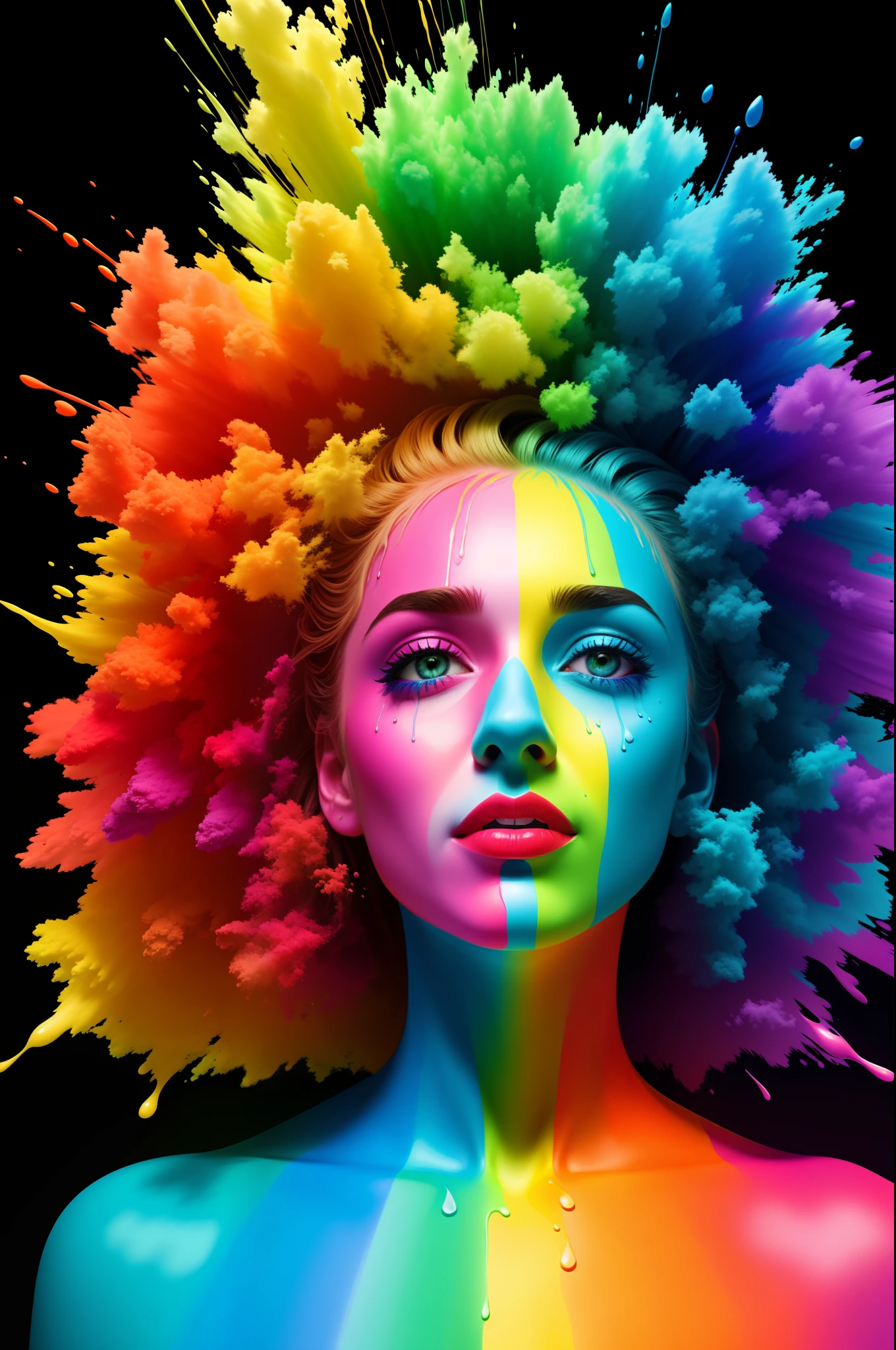 "No voy a pasar mi vida siendo un color" untado con pintura de diferentes colores del arco iris, foto hiper real, Técnica de goteo, discordia pfp, Color de 10 bits, HDR, 8k