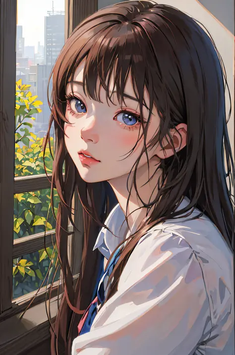 anime girl looking out of window with city in background, beautiful anime portrait, detailed portrait of anime girl, portrait anime girl, cute anime girl portraits, cute anime girl portrait, kawaii realistic portrait, anime style portrait, realistic anime ...