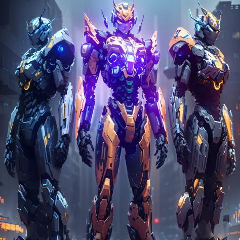 three robots in a row with a city in the background, mecha suit, intricate glowing mecha armor, mecha armor, full body mecha sui...