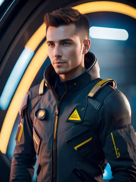 fking_scifi, award-winning photo of a man, black flight suit with yellow accents, brown hair, (gray eyes:1.35), square jawline, ...
