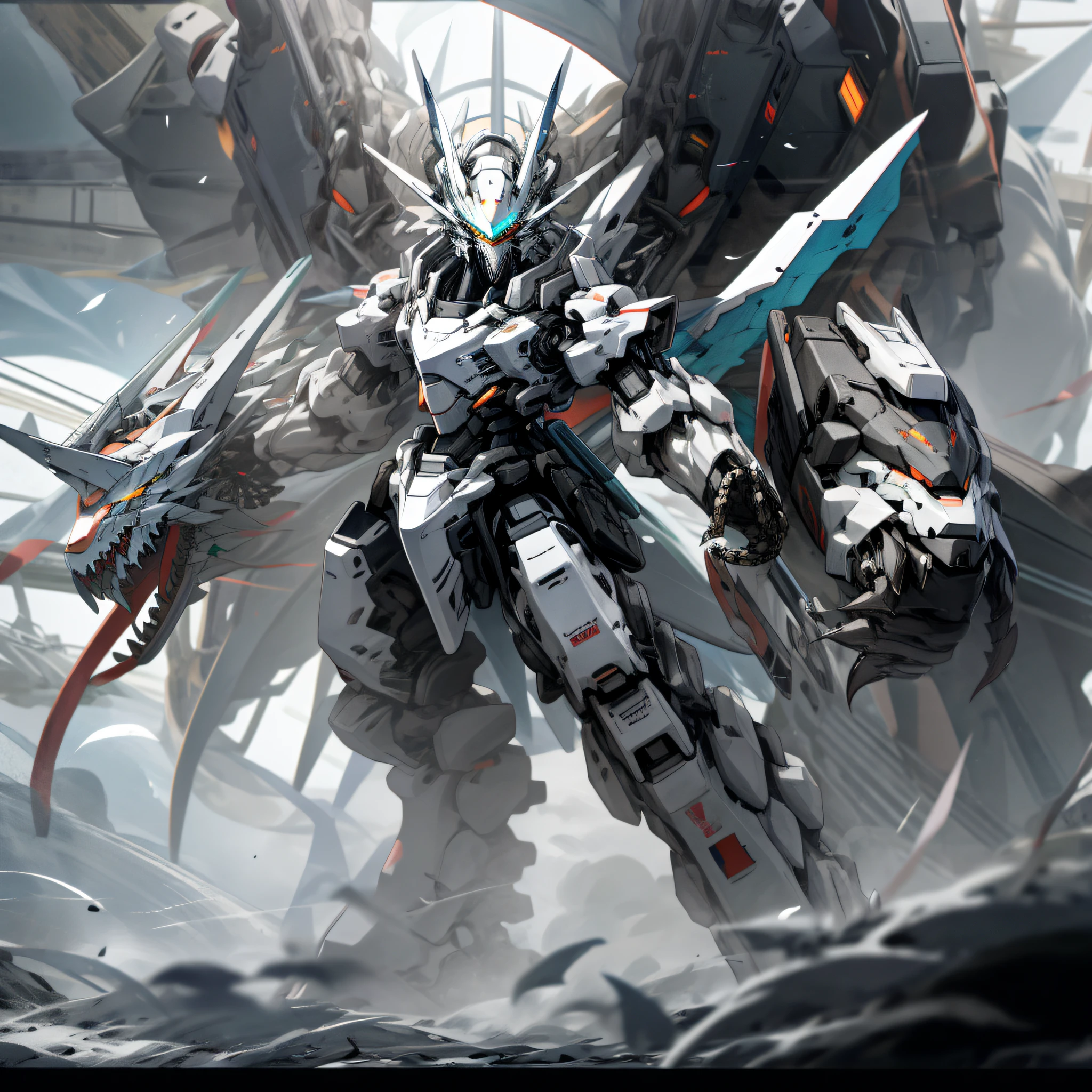 White and black mecha, Dragon helmet, claw weapons