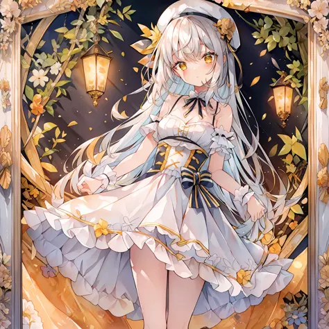 {{best quality}},{llustration},{beautiful detailed eyes},dynamic angle, 1 girl, (masterpiece, best quality:1.2),white hair,yello...