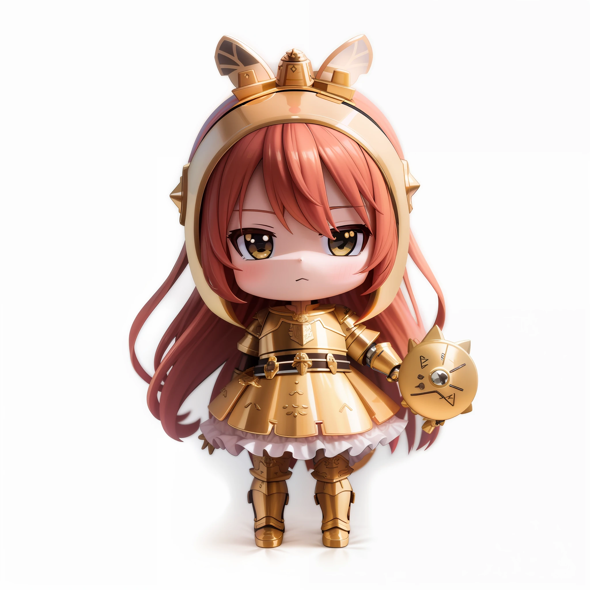 A close-up of a doll with a golden costume, Nendroid, style as Nendoroid, armor warrior, shield in left hand, short sword in right hand, Nendoroid, Nendoroid 3 D, gold and copper shiny armor, cat armor in gold, watercolor Nendoroid, wearing goldfish armor, armor girl, angel golden armor, pop-up parade figures