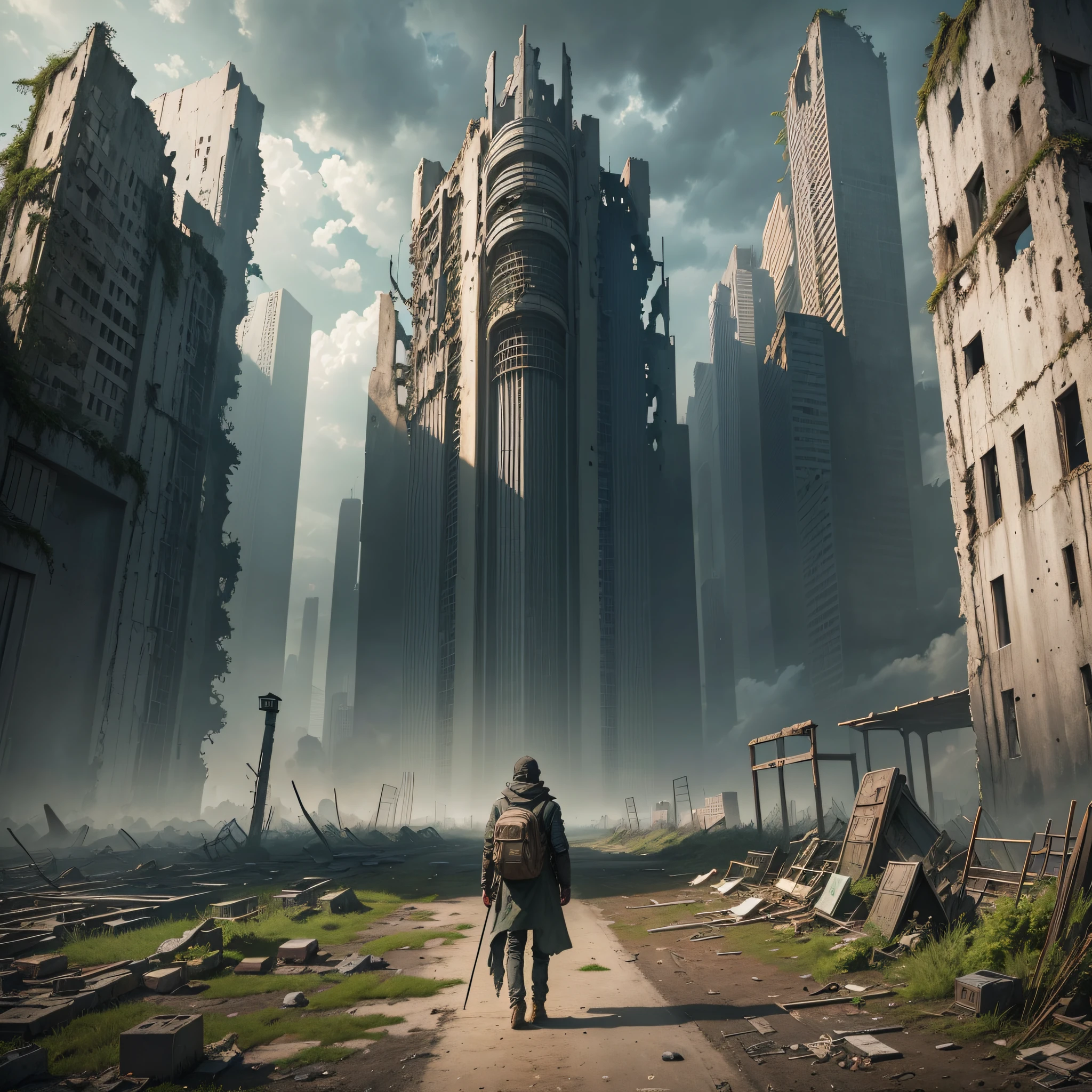 Create an artwork that showcases a desolate, post-apocalyptic world where nature has reclaimed the cities from mankind. The artwork should feature the ruins of a grand city buried under a blanket of overgrown vines and trees, with the impression that years of neglect have created a new ecosystem. The surrounding landscape should depict a gray, somber atmosphere, with a dark sky casting an eerie light over the scene. In the foreground, a lone traveler stands amidst the ruins, dressed in tattered clothing and holding a survival pack. The traveler could be a human or a cyborg. The viewer should feel a sense of both isolation and survival as they contemplate the universe shown in the artwork --auto --s2