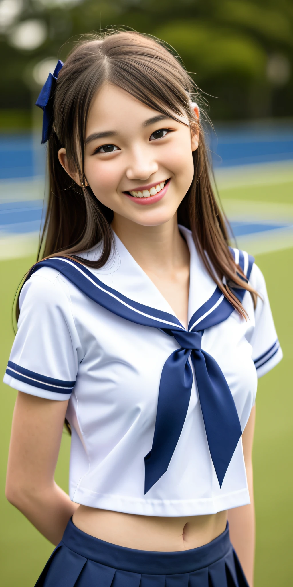 neat college girl, (school uniform, sailor uniform, ribbon tied at chest, summer uniform, upper body white, skirt is navy blue), outside the athletic field, (slim), photorealistic, detail, skin texture, ultra detail, delicate and sexy collarbone, smile, super detailed face, detailed lips, detailed eyes, double eyelids, small breasts, small breasts, small, flat breasts, breast emphasis