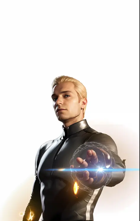 arafed man in a black suit holding a glowing orb, xqc, avatar image, promo art, human torch, promotional art, avatar with a blond hair, portrait of adam jensen, promotional render, unreal 5. rpg portrait, solid background, quicksilver, key art, fan art, me...