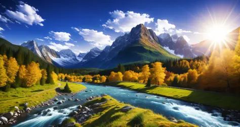 detailed background, masterpiece, best quality, landscape, mountains, river, forest, sun, day, clouds