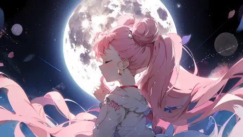 anime girl with pink hair and pink dress standing in front of a full moon, anime art wallpaper 8 k, anime style 4 k, anime art w...