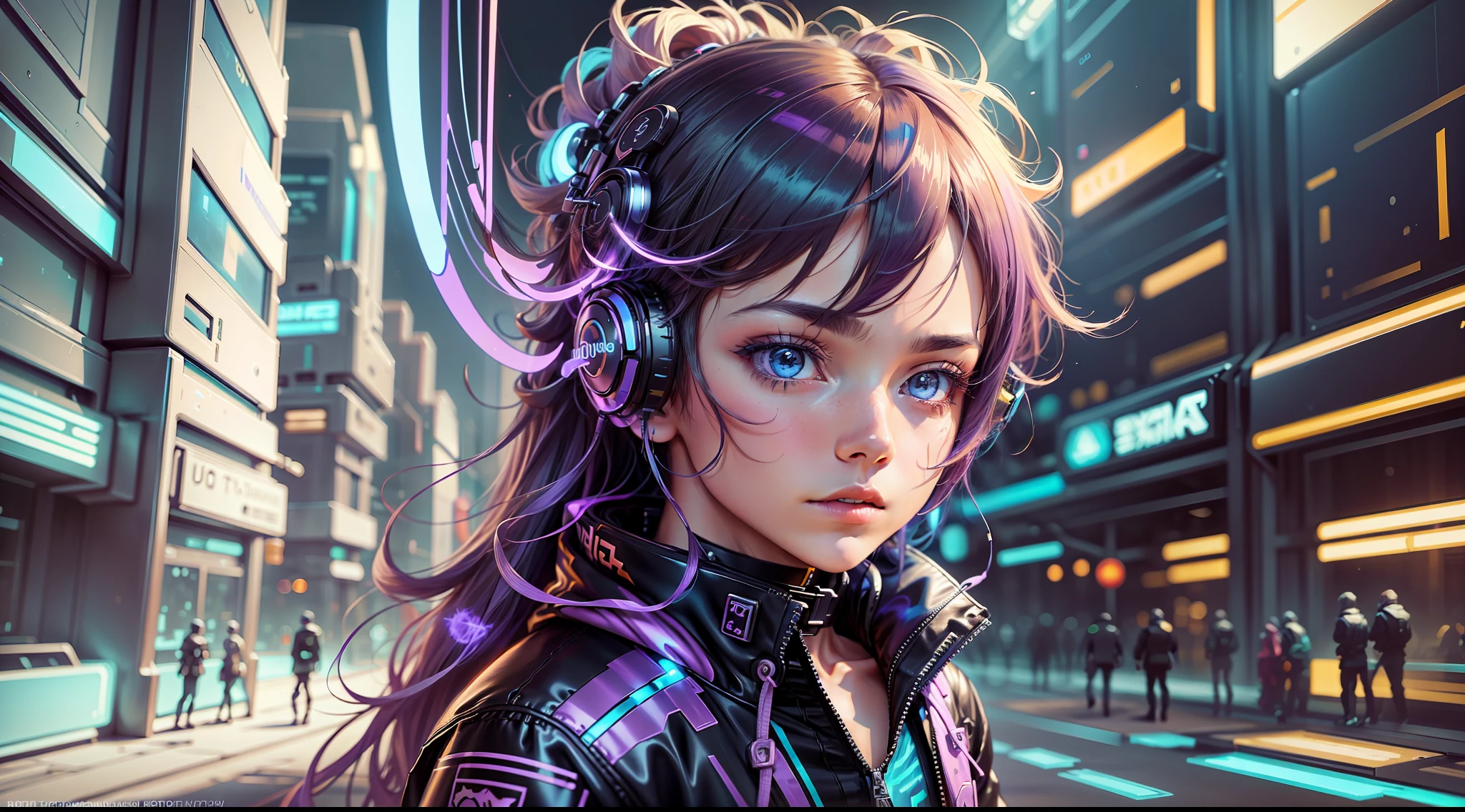 Draw a cool kid wearing anime jacket in a futuristic city, listening to his favorite music and conveying his emotion, ultra-detailed details, vibrant light, bold geometries, stunning textures, use blue and purple colors --auto --s2