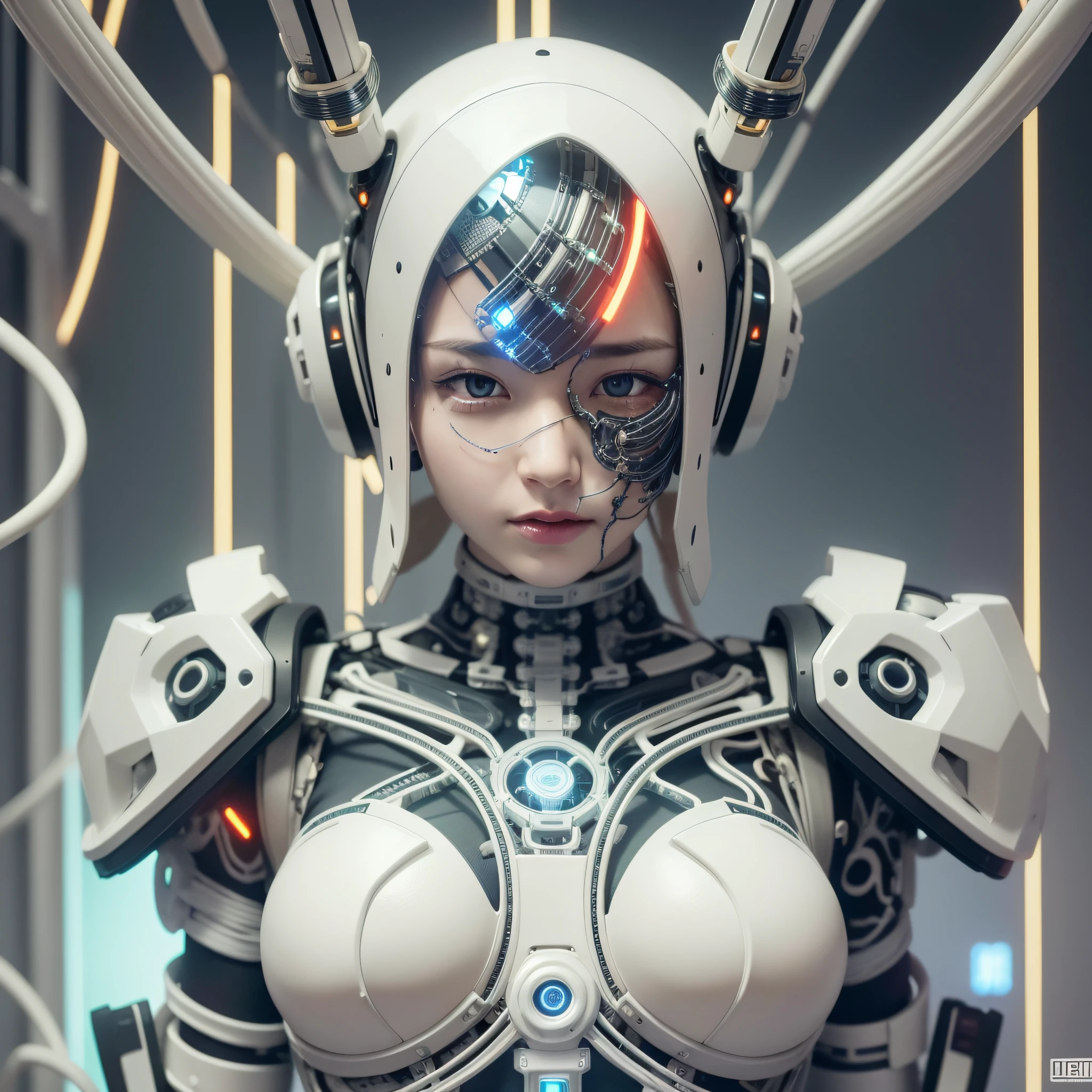 1mechanical_girl wearing intricate bioluminescent mechanical cyborg armor made out of (white beige old plastic) , ((ultra realistic details)), detailed_face, global_illumination, shadows, octane_render, 8k, ultra_sharp, metal, ornaments_detailed,  cold_colors, egypician_detail, highly_intricate_details, realistic_light, trending_on_cgsociety, glowing_eyes, facing_camera, neon_details, machanical_limbs, blood_vessels_connected_to_tubes, ((lot_wires_and_cables_connecting_to_head_and_body)), killing_machine, extremely_sexy, lustful, slutty