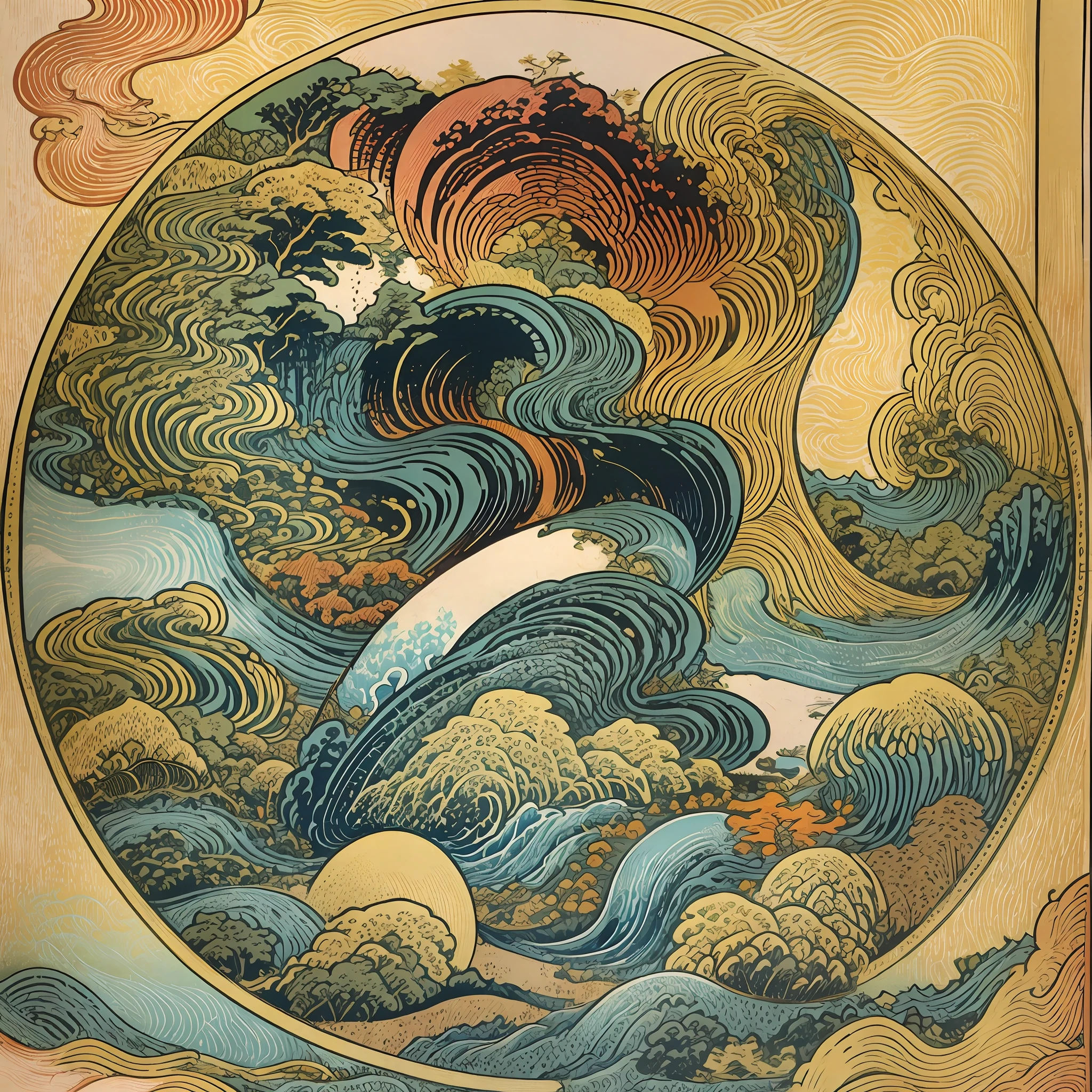 Dessin de conception en couleur naturelle avec dessin au trait de style Katsushika Hokusai. Des vagues façon Hokusai, illustrations détaillées de motifs, Meilleure qualité, masterpiece high resolution Style Ukiyo-e. Style artistique, conception de t-shirt, 1:1, conception équilibrée, Style Ukiyo-e, art vectoriel 3D, Adobe Illustrator, esthétique, Résolution 4K, magnifique fond