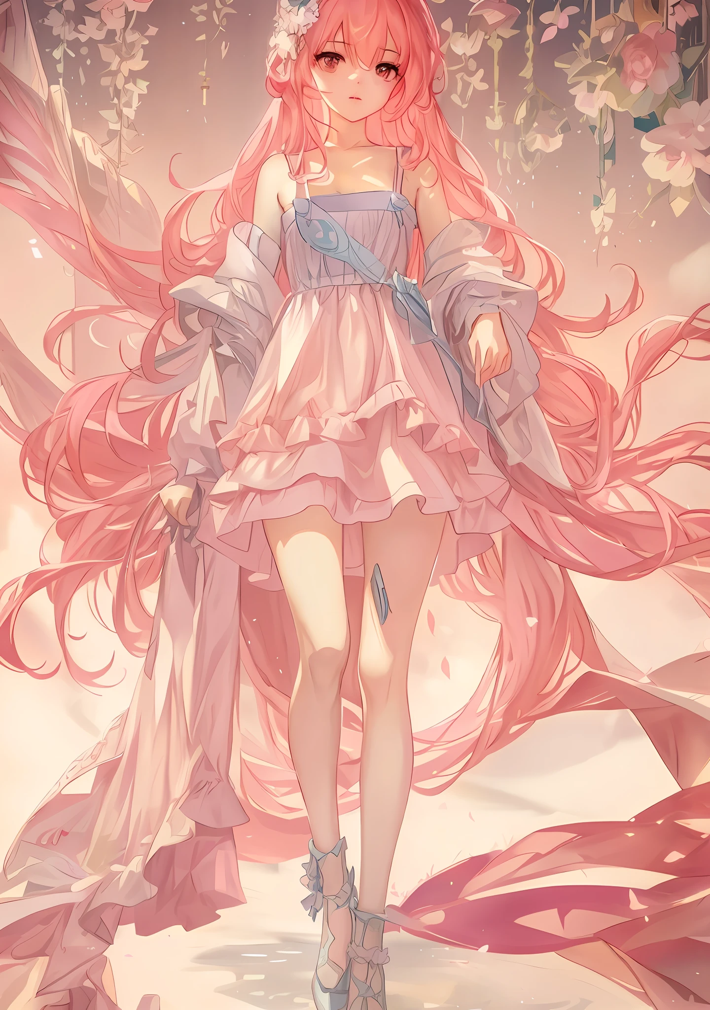 The beautiful girl Imperial Sister wears a flowing costume of Lolita shoes, long pink hair with a white-gold dress and white shoes, forming a clean, detailed, and beautiful anime artwork. Digital art, art on guweiz and pixiv, and fantasy fantasy anime, etc., are vivid, realistic and intoxicating CG art, beautifully presented. The protagonist is a cute anime royal sister, and the atmosphere of the picture is full of fantasy.