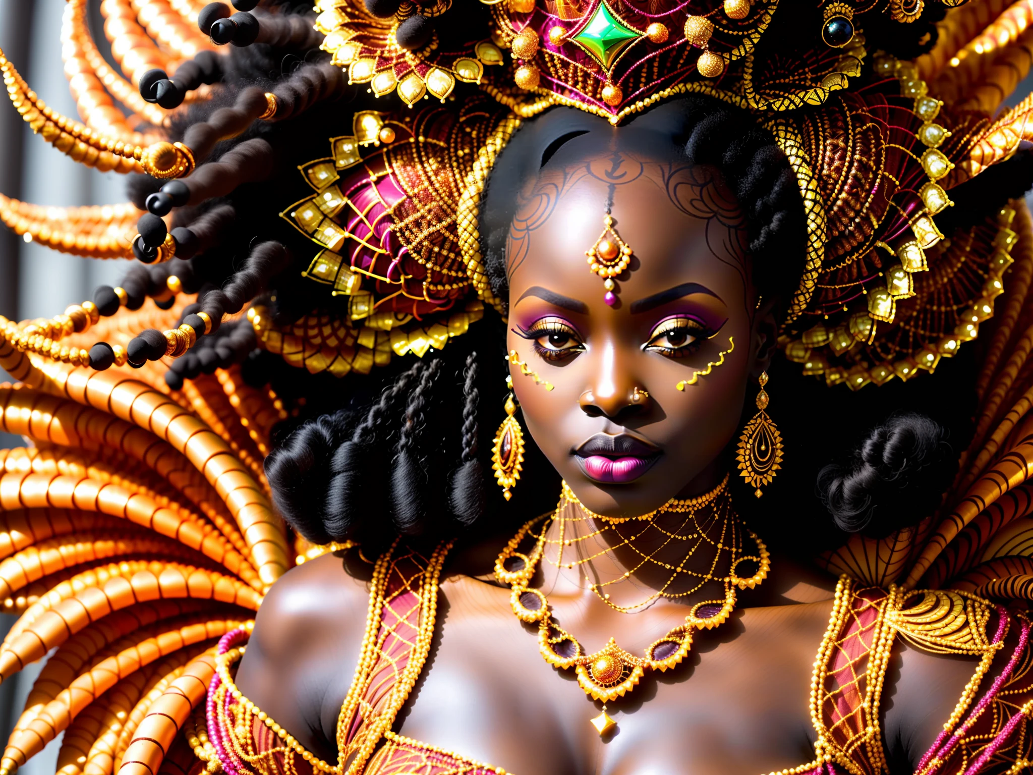 非洲未来主义, 厚实的身躯, 胖的, (特写照片) 身着奢华传统非洲服饰和精致非洲面纱的非洲超模 (橙色，带有精致的金色刺绣] 以及用贝壳制成的女王王冠, 海螺, 辫子头发, 极其细致的脸部, 站在豪华的部落宴会厅城堡里, 电影摄影, 真实感, 光线充足, HDR,  古铜色的肌肤, 厚实的身躯, 奥里沙, 非洲女神, 非洲皇后