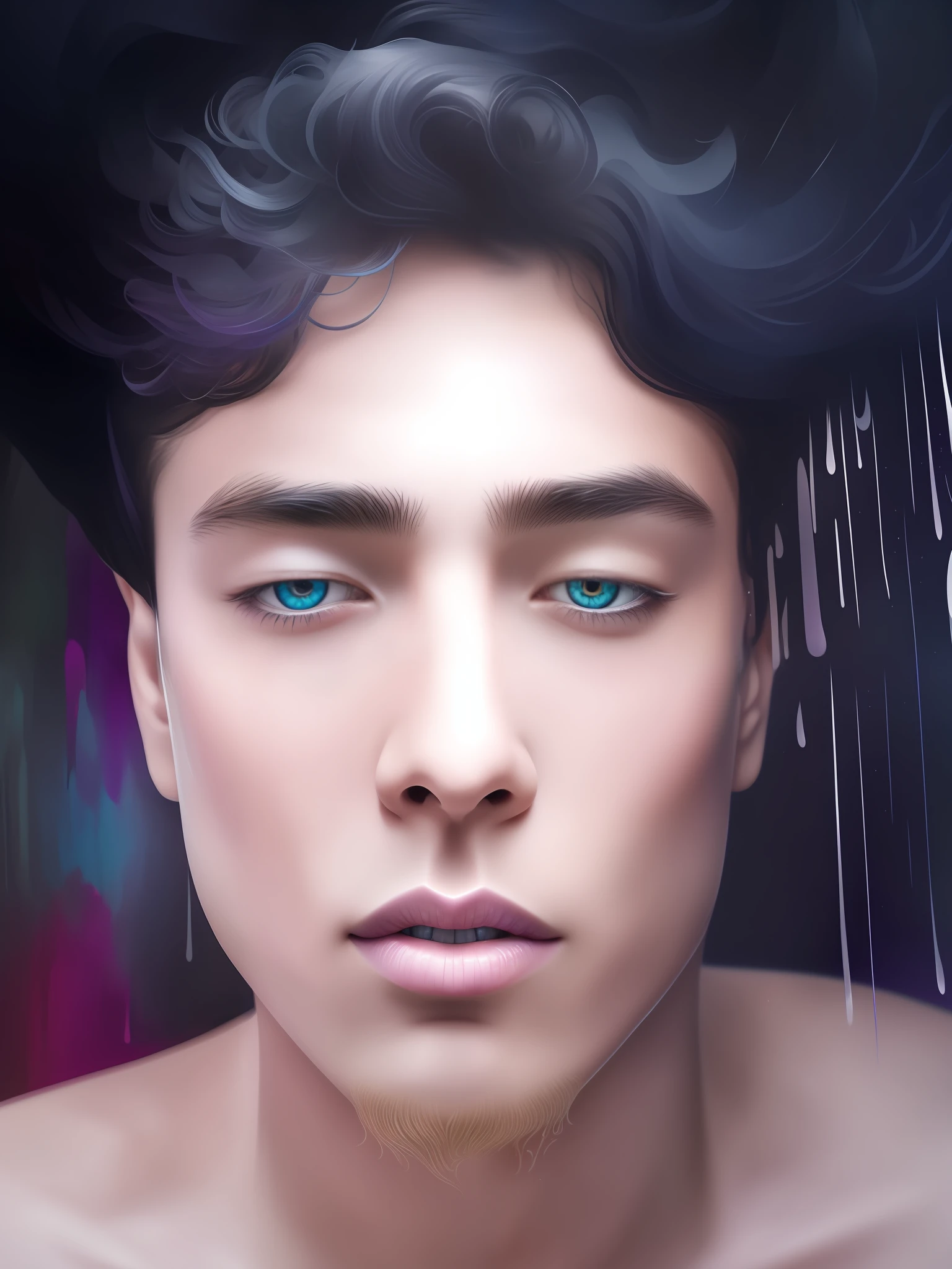 Colorful handsome man: an 8-year-old giru, messy hair, oil painting, nice perfect face with smooth skinice perfect face, blue yellow colors, light purple and violet additions, light red additions, intricate details, home screen, 8k resolution, masterpiece, beautiful face, artstation digital painting very smooth ink flowBlack: 8k photorealistic resolution masterpiece: intricately detailed fluid gouache painting:   by Jean Baptiste Mongue: calligraphy: acrylic: watercolor, professional photography, natural lighting, maximalist volumetric lighting photoillustration: by marton bobzert:, complex, elegant, expansive, fantastic, wavy hair, vibrant